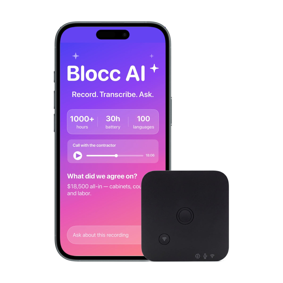 Blocc Cube: MagSafe AI Recorder for iPhone - Black