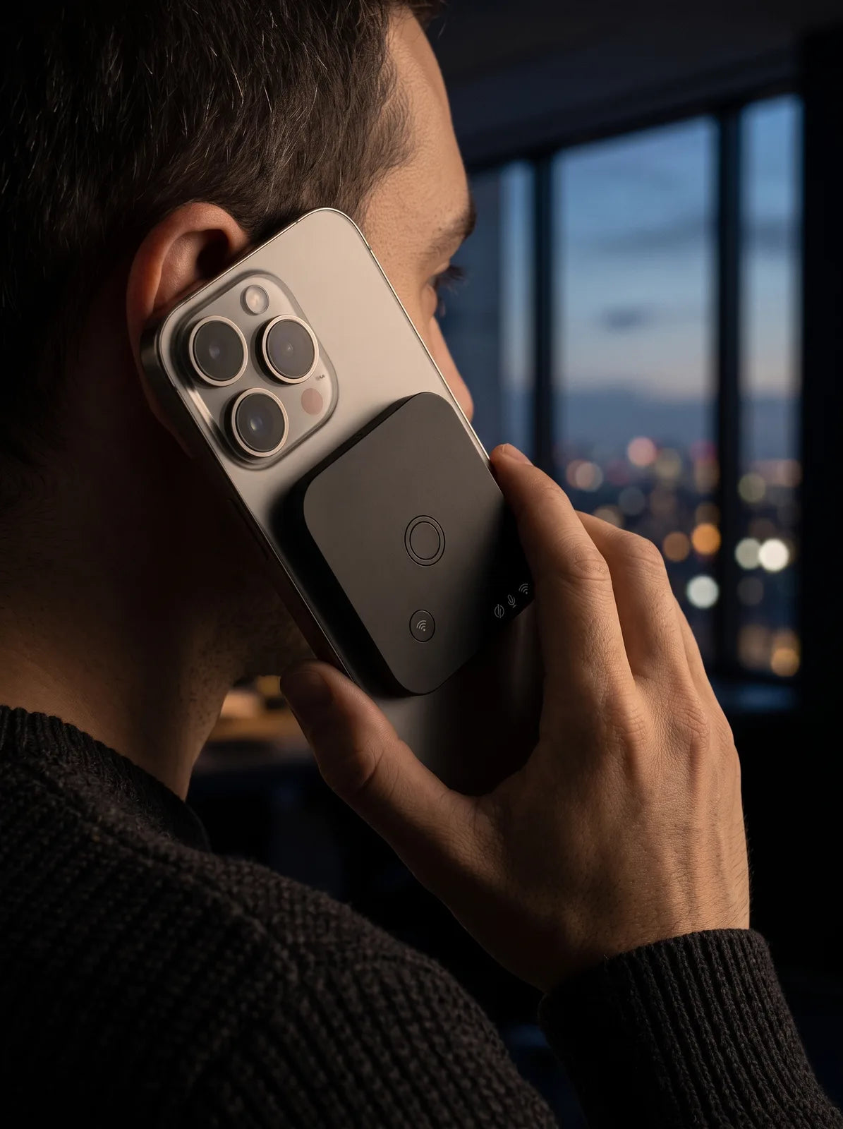 Cube AI voice recorder attached to an iPhone with MagSafe, recording a phone call