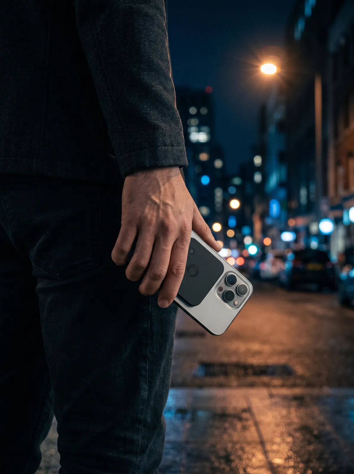 Cube pocket voice recorder on an iPhone carried through the city at night