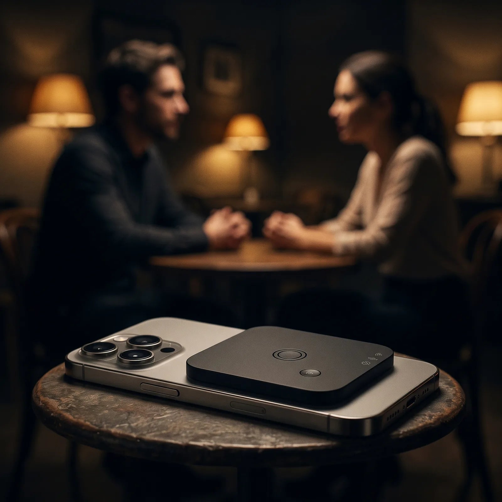 Cube voice recorder on an iPhone during an interview at a cafe table