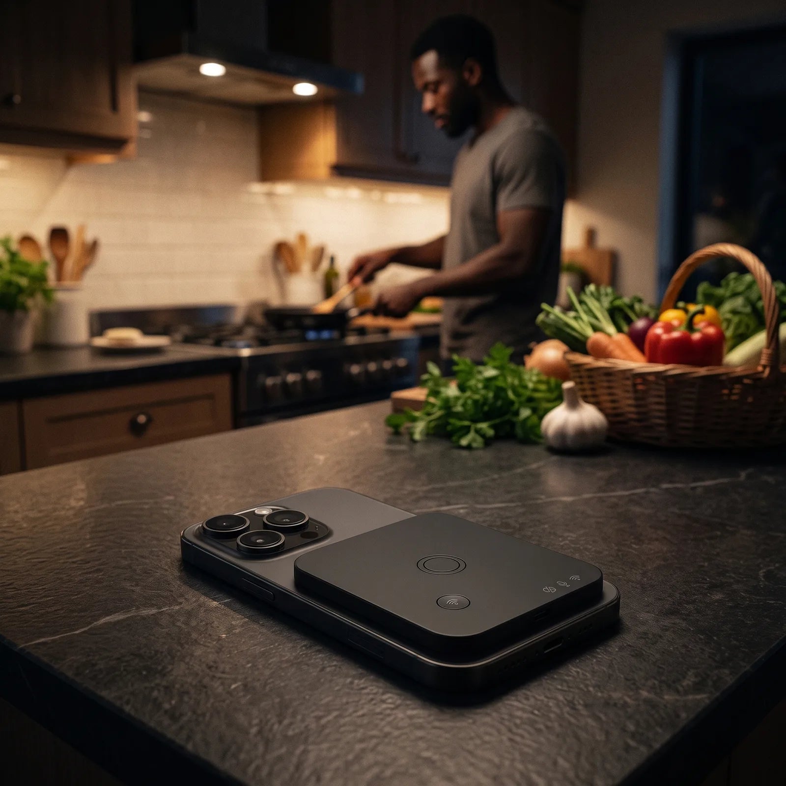 Cube voice-to-text recorder on an iPhone capturing a voice memo in a kitchen
